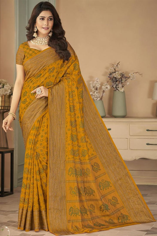 Mustard Color Festival Wear Art Silk Fabric Glorious Saree With Weaving Work