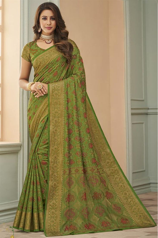 Blazing Green Color Festive Wear Art Silk Fabric Weaving Work Saree