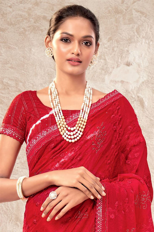 Red Color Party Style Organza Fabric Incredible Saree