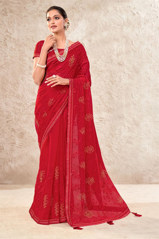 Red Color Party Style Organza Fabric Incredible Saree