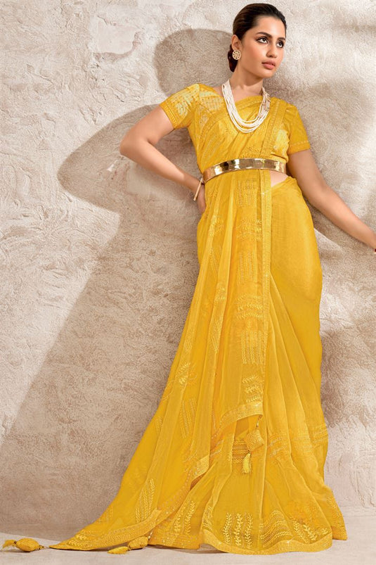 Organza Fabric Party Style Yellow Color Phenomenal Saree