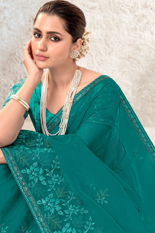Organza Fabric Party Style Superior Saree In Teal Color