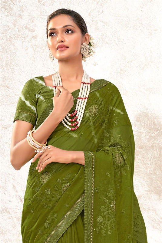Party Style Organza Fabric Olive Color Coveted Saree