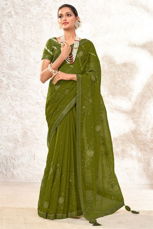 Party Style Organza Fabric Olive Color Coveted Saree