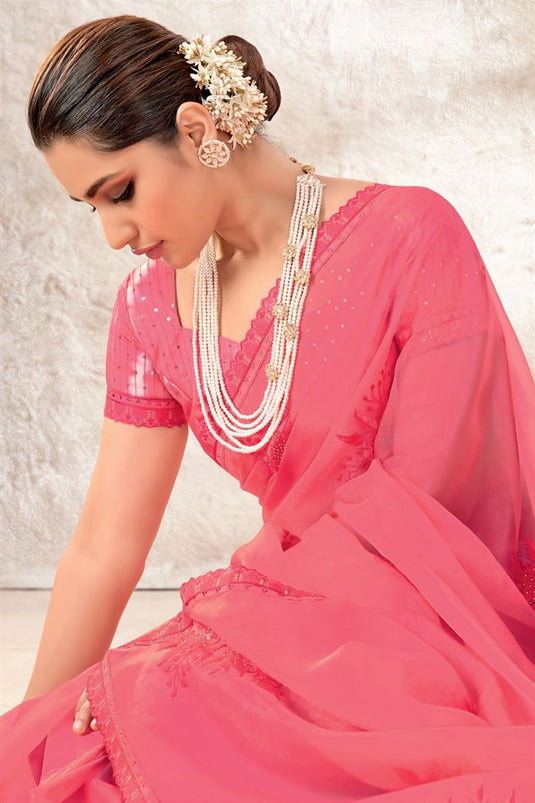 Pink Color Organza Fabric Party Style Gorgeous Saree