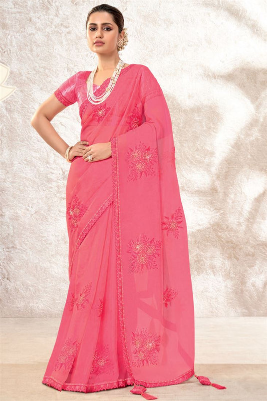 Pink Color Organza Fabric Party Style Gorgeous Saree