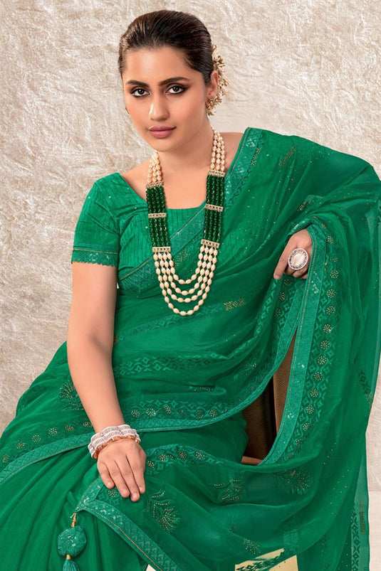Organza Fabric Party Style Glamorous Saree In Green Color