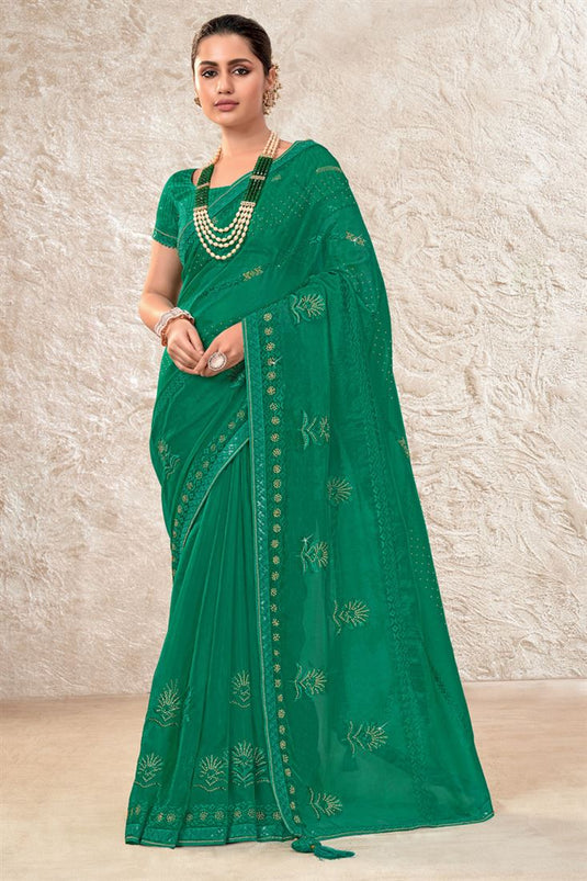 Organza Fabric Party Style Glamorous Saree In Green Color