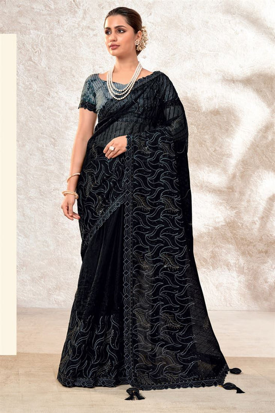 Organza Fabric Party Style Mesmeric Saree In Black Color
