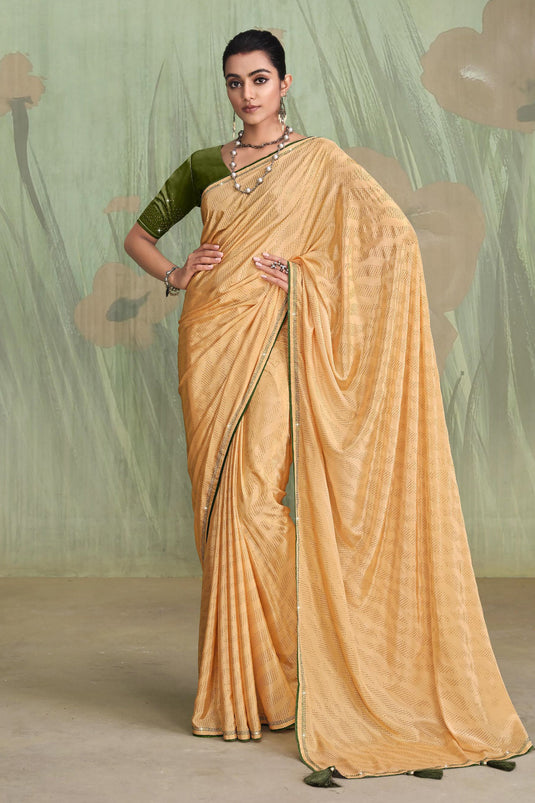 Winsome Beige Color Satin Crepe Saree With Contrast Blouse
