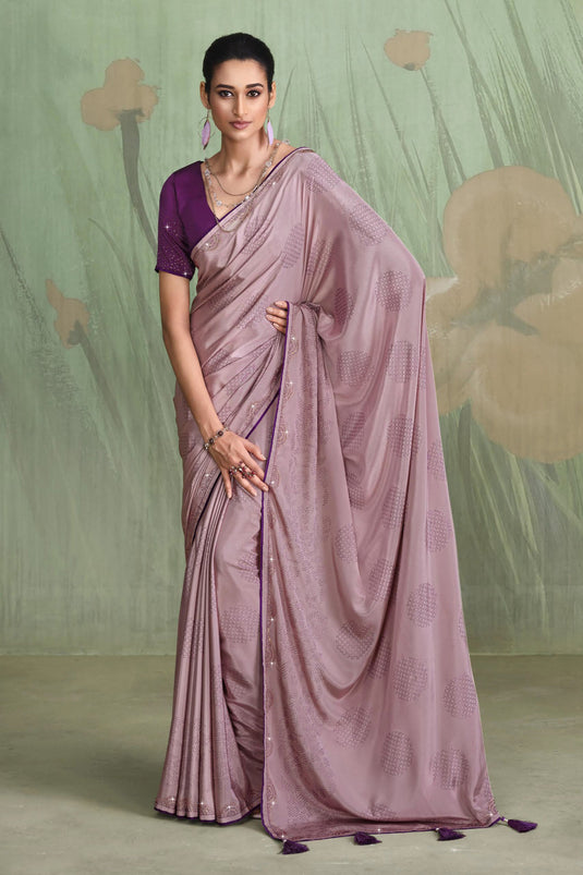 Appealing Satin Crepe Lavender Color Saree With Contrast Blouse