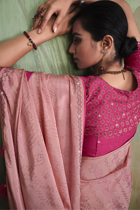 Dazzling Pink Color Satin Crepe Saree With Contrast Blouse