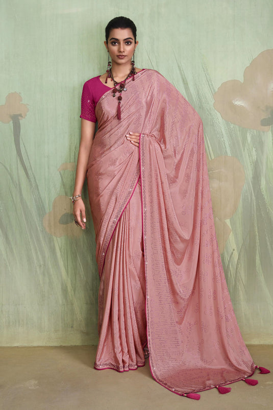 Dazzling Pink Color Satin Crepe Saree With Contrast Blouse