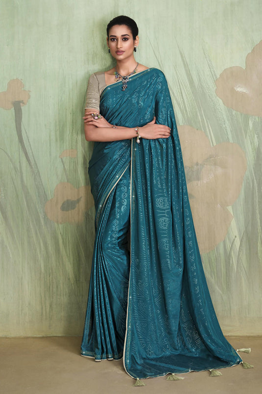 Creative Teal Color Satin Crepe Saree With Contrast Blouse