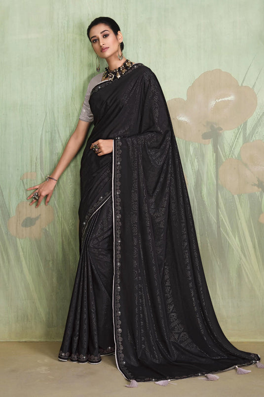 Marvelous Satin Crepe Black Color Saree With Contrast Blouse