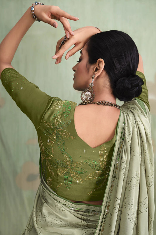 Excellent Satin Crepe Sea Green Color Saree With Contrast Blouse