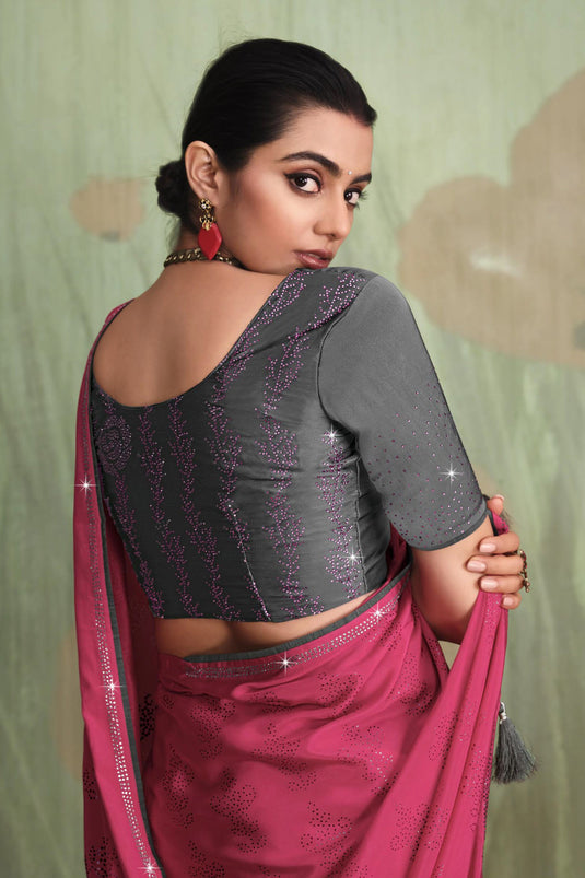 Beguiling Pink Color Satin Crepe Saree With Contrast Blouse