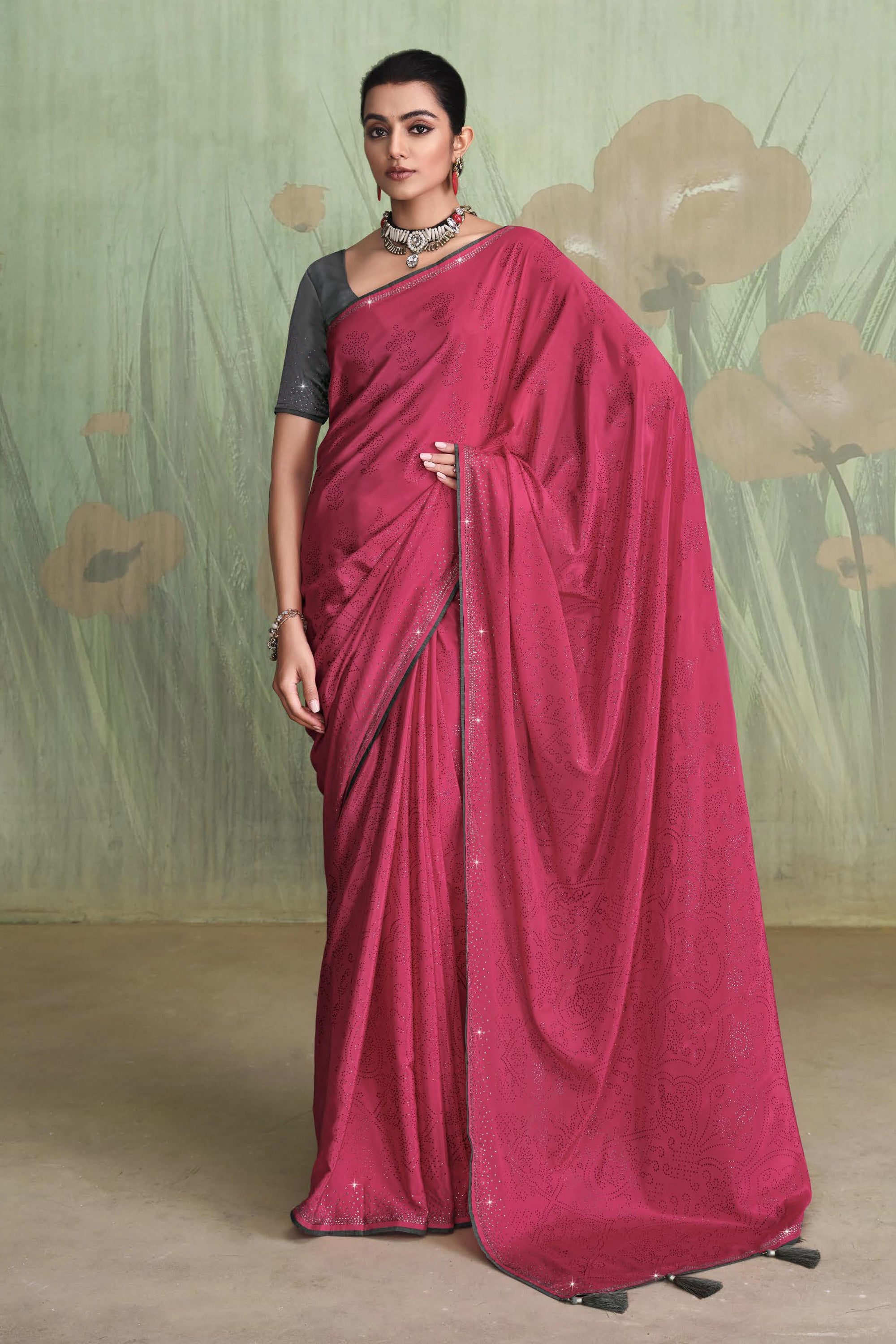 Pink Georgette Saree with Multicolored Blouse – Amoli Clothing