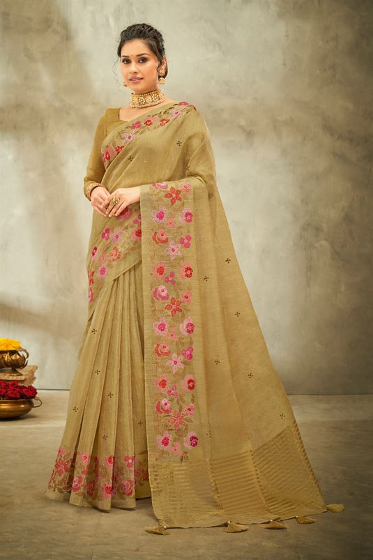 Cream Color Beautiful Linen Fabric Floral Embroidered Saree