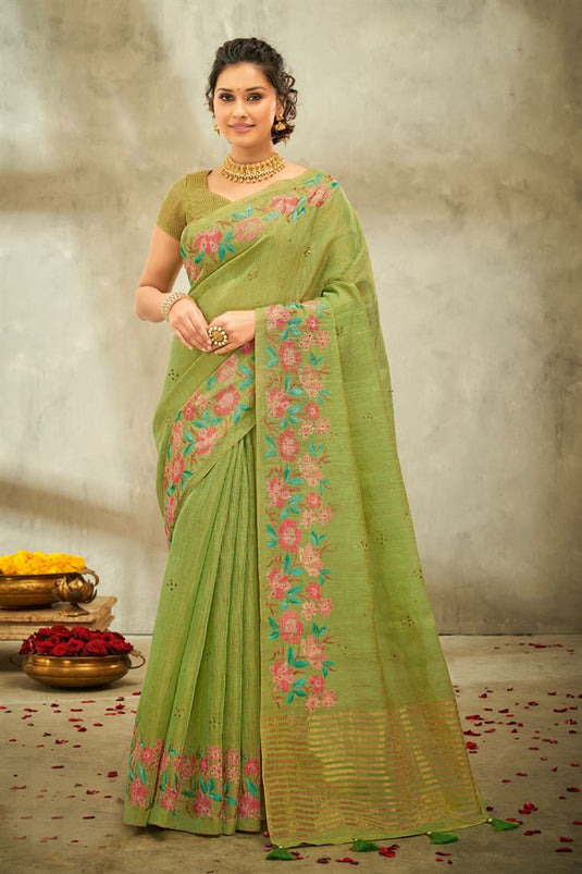 Elegant Linen Fabric Floral Embroidered Saree in Green Color