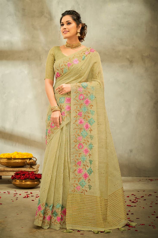 Glittering Beige Color Linen Fabric Floral Embroidered Saree
