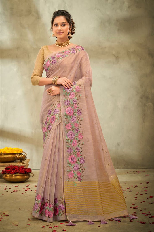 Pink Color Inventive Linen Fabric Floral Embroidered Saree