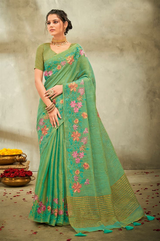 Green Color Linen Fabric Beautiful Floral Embroidered Saree