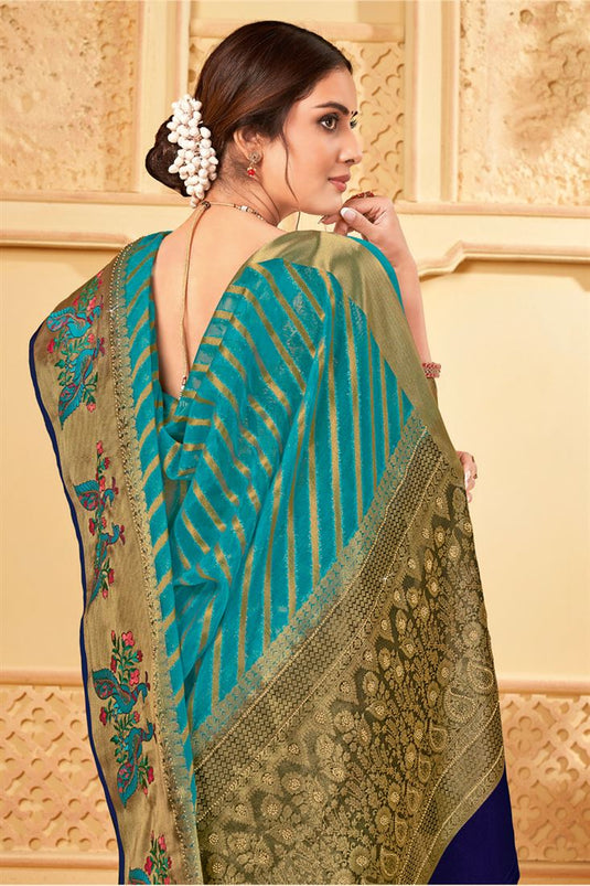 Excellent Organza Teal Color Saree With Weaving Work