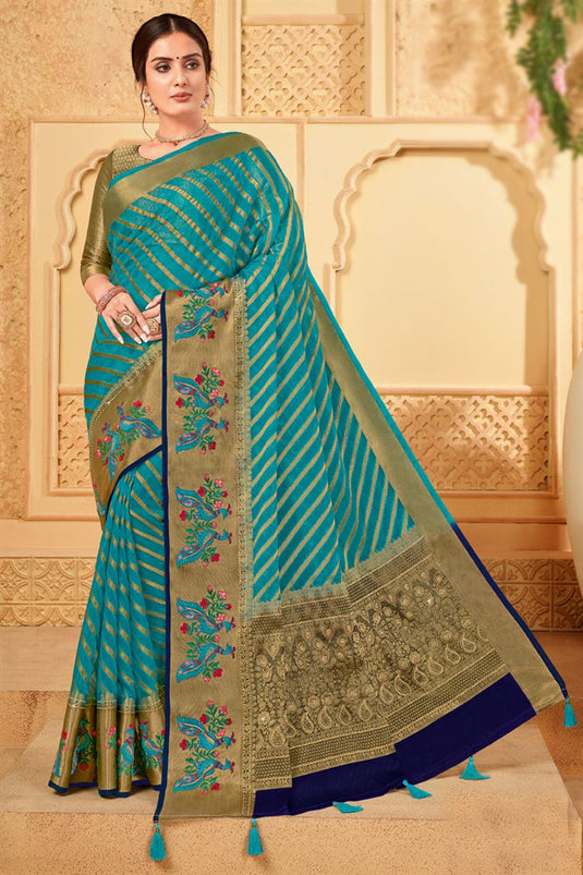 Excellent Organza Teal Color Saree With Weaving Work
