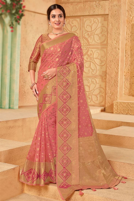 Classic Weaving Work On Pink Color Organza Saree