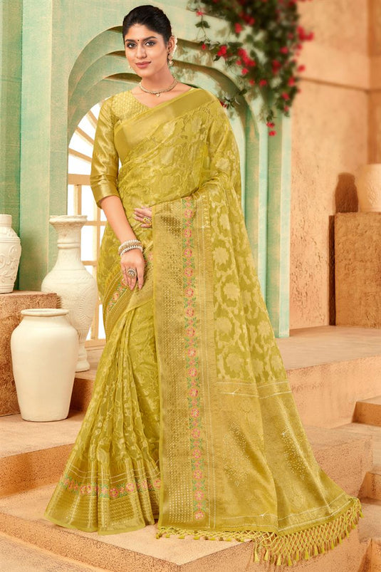 Organza Yellow Color Saree With Winsome Weaving Work