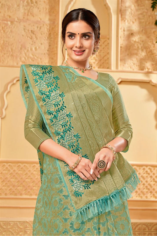 Creative Weaving Work On Organza Saree In Sea Green Color