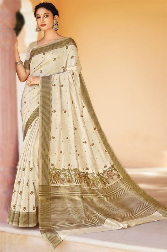 Art Silk Beige Color Gorgeous Embroidered Saree