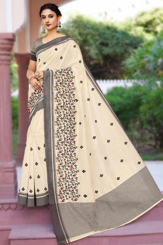 Art Silk Fabric Beige Color Brilliant Embroidered Saree