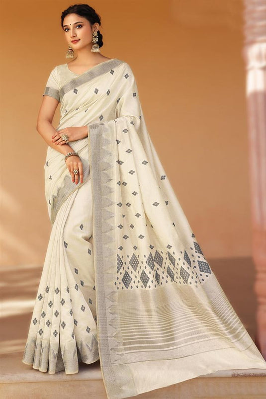 Art Silk Imposing Embroidered Saree In Beige Color