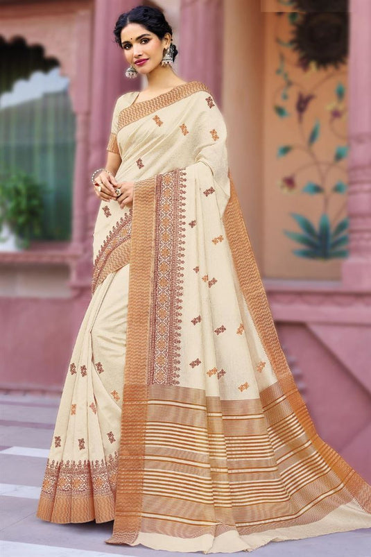 Vartika Singh Art Silk Fabric Soothing Embroidered Saree In Beige Color