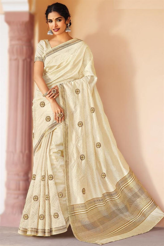 Vartika Singh Delicate Art Silk Fabric Beige Color Embroidered Saree