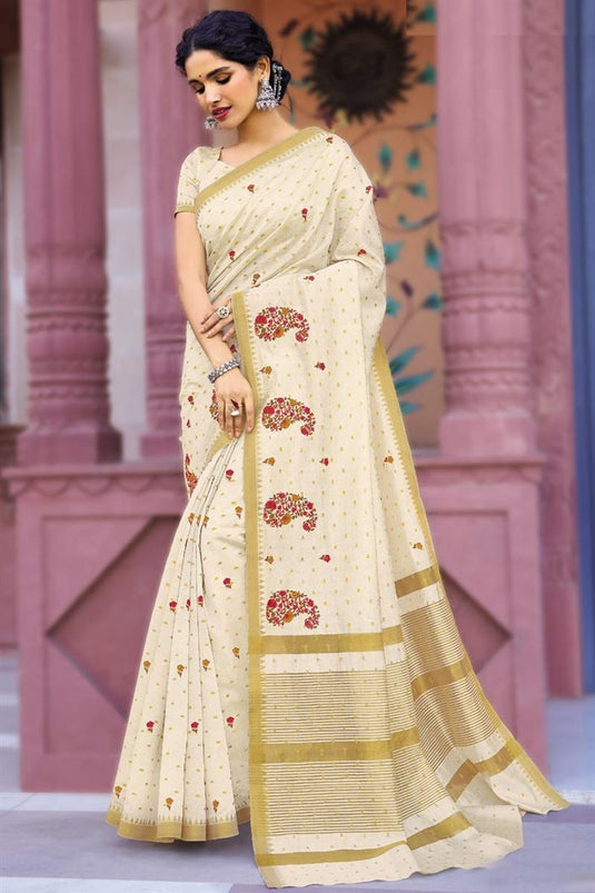 Vartika Singh Beige Color Art Silk Fabric Exquisite Embroidered Saree