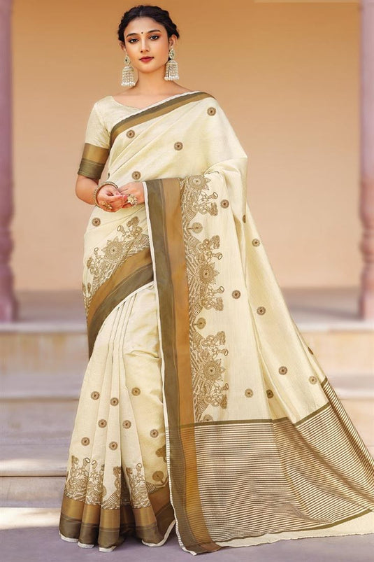 Flashing Beige Color Art Silk Fabric Embroidered Saree