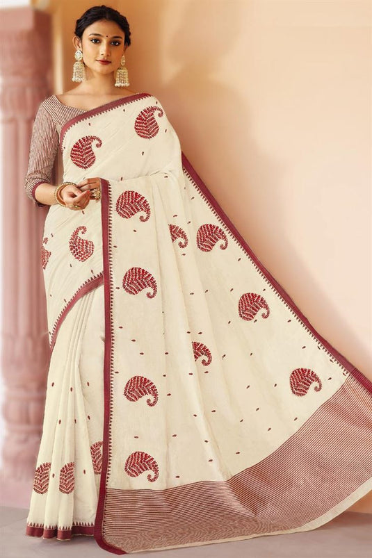 Art Silk Fabric Beige Color Graceful Embroidered Saree