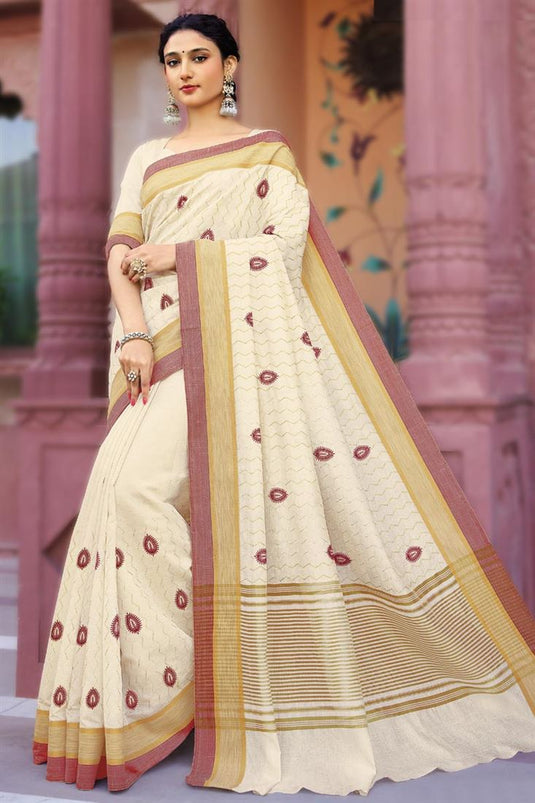 Art Silk Fabric Beige Color Gorgeous Embroidered Saree