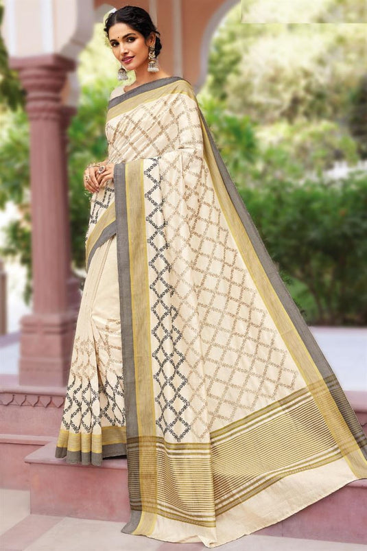 Vartika Singh Art Silk Fabric Imposing Embroidered Saree In Beige Color