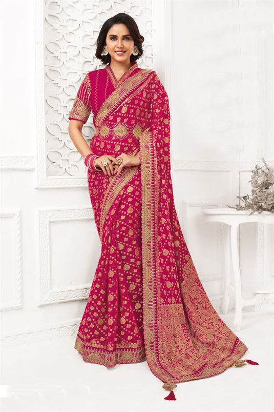 Georgette Fabric Embellished Embroidered Pink Color Saree For Party