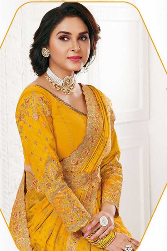 Yellow Color Graceful Embroidered Georgette Fabric Saree For Party
