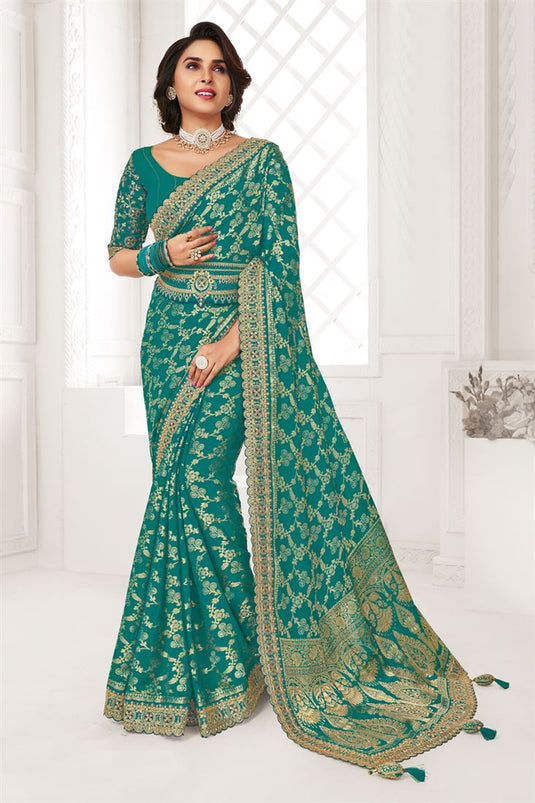 Sea Green Color Georgette Fabric Glamorous Embroidered Saree For Party