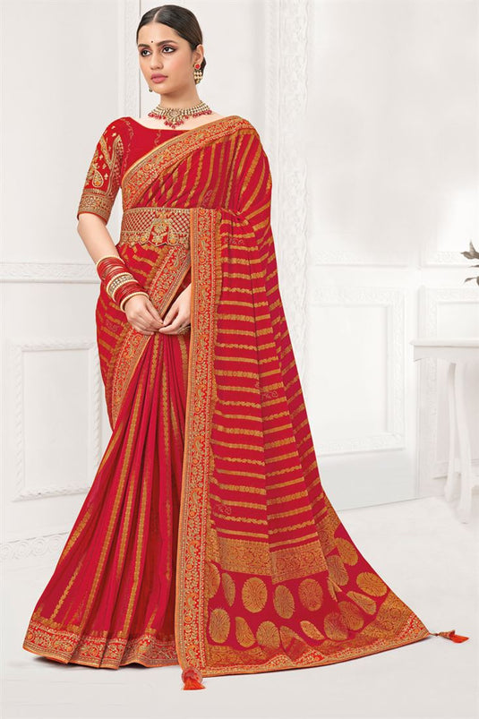 Red Wonderful Embroidered Saree For Party In Georgette Fabric