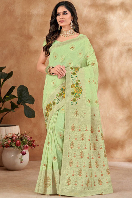 Foil Printed Work On Awesome Kora Silk Fabric Saree In Sea Green Color