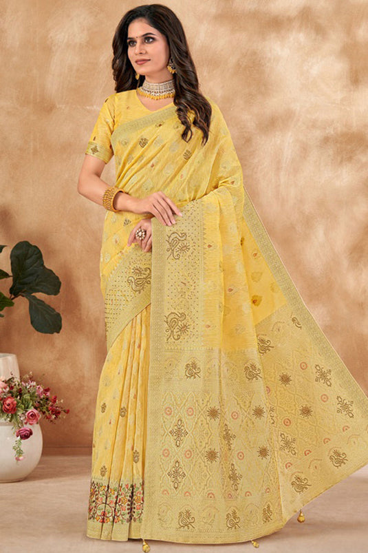 Yellow Color Fantastic Kora Silk Fabric Saree With Foil Printed Work