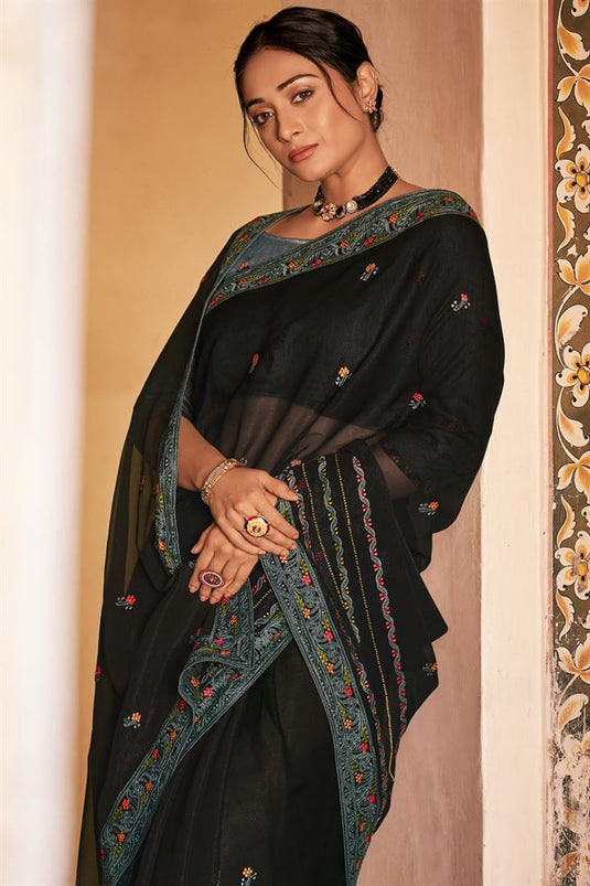 Black Color Party Wear Alluring Embroidered Saree In Chiffon Fabric