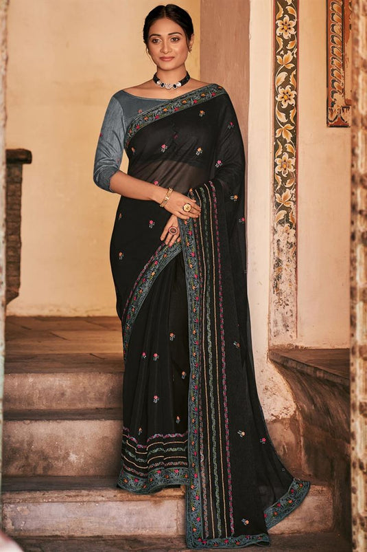 Navy Blue Color Art Silk Fabric Fancy Printed Saree With Blouse
